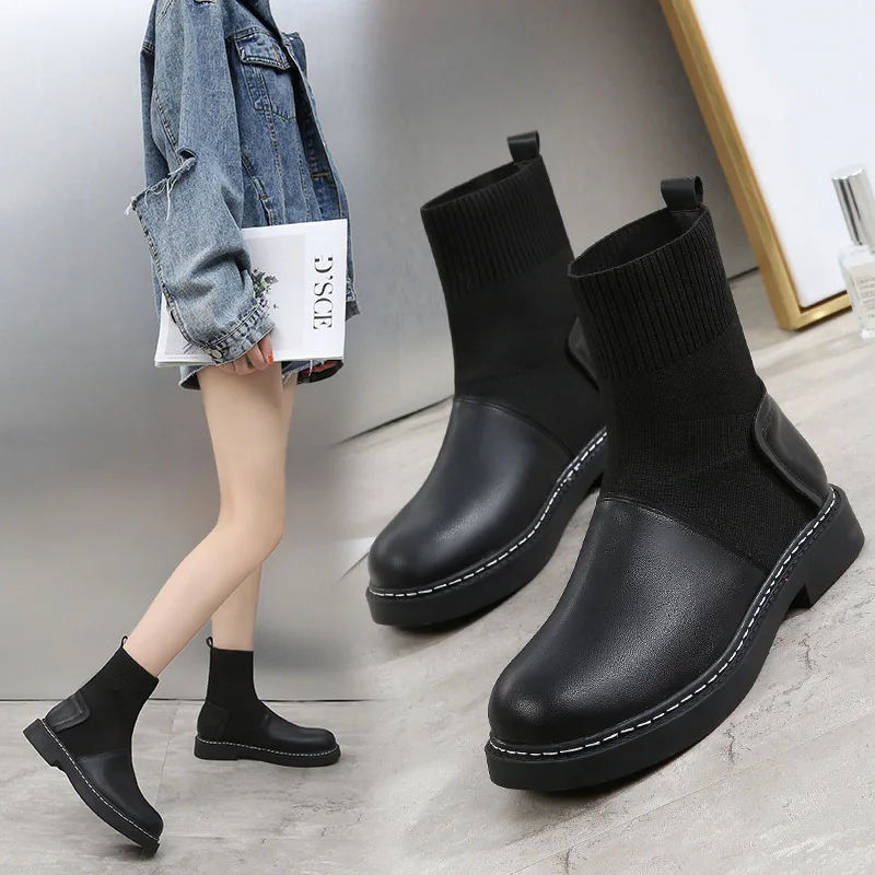 

Slip On Stretchy Tight Knitting Sock Woman Boots 2019 British Motorcycle Western Square Low Heels Rubber BlackAnkle Booties