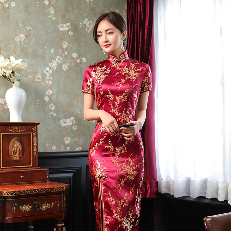 

Wine Red Slim Chinese Traditional Cheongsam Short Sleeve Front Split Vintage Dress Women Long Dress Plum Qipao