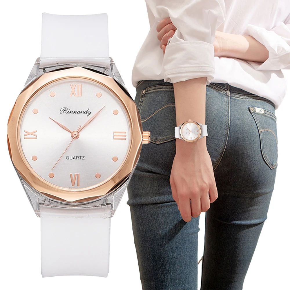Часы наручные женские кварцевые простые прозрачные пластиковые белые модные