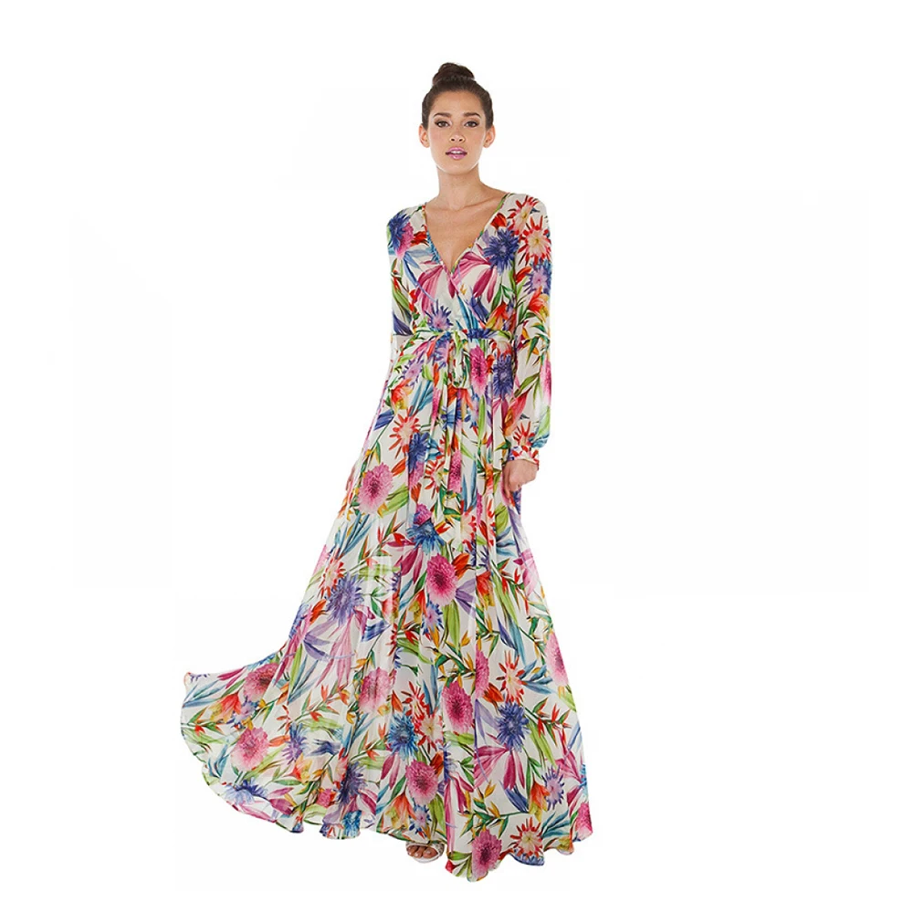 Autumn Women Vintage Printed Dress Long Sleeve V-neck Casual Vestido European Style High Waist A-line Boho Beach | Женская одежда