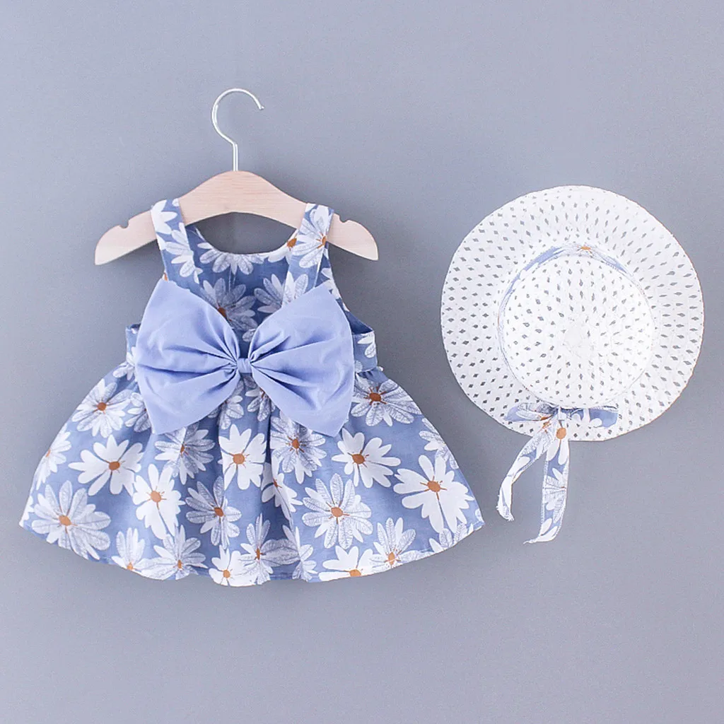 (6M-3T) Children's sleeveless flower print floral bow dress + hat suit summer fashion skin-friendly платье S4 | Детская одежда