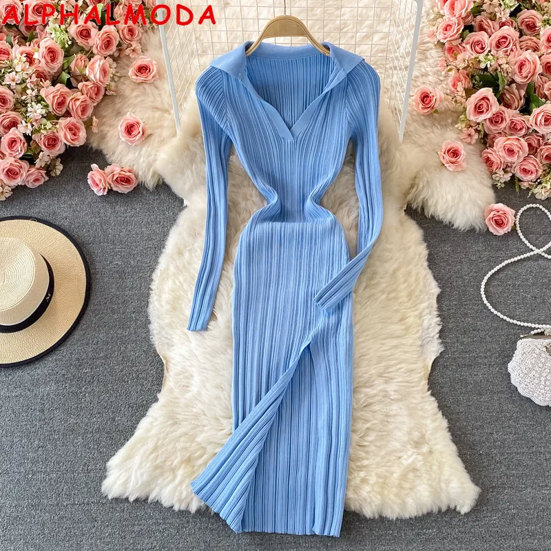 

ALPHALMODA 2021 Polo Collar Long-sleeved Women Chic Knit Dress Solid Color Pullovers Slim Autumn Winter Dress