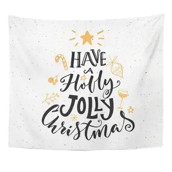 

Happy Black Slogan Have Holly Jolly Christmas Text Design Gold Doodles at White Merry Holiday Tapestry Home Decor Wall Hanging