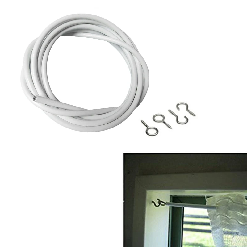 2M 3M White Net Curtain Wire Cable Cord With Free Hooks And Eye Fittings