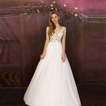 Sheer Illusion Lace Appliques Wedding Dresses Tulle Bridal Gowns Long Sleeves Custom Online Formal Vestidos De Mariage
Sheer Illusion Lace Appliques Wedding Dresses Tulle Bridal Gowns Long Sleeves Custom Online Formal Vestidos De Mariage