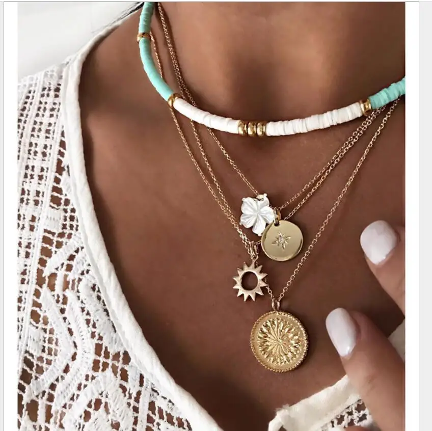 

Bohemian Polymer Clay Choker Gold Color Sun Flower Pendant Layered For Women Collier Jewelry S2263