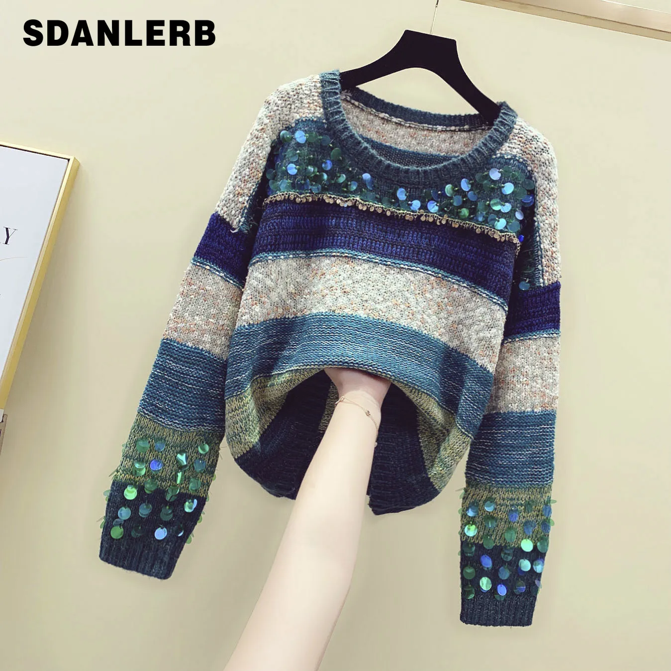 2019 Autumn Winter New Rainbow Striped Sequins Beads Round Collar Pullover Sweater Women's Outwear Coat Jumpers Student 
2019 Autumn Winter New Rainbow Striped Sequins Beads Round Collar Pullover Sweater Women's Outwear Coat Jumpers Student