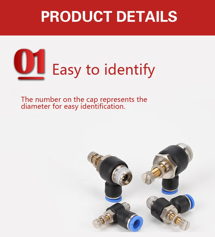 Description Picture 5 of itemPneumatic Speed Flow Controller 8mm 6mm 10mm 12mm OD Hose Tube 1/4"BSP 1/8" 3/8" 1/2" Male Gas Airflow Limit Valve Quick Fitting