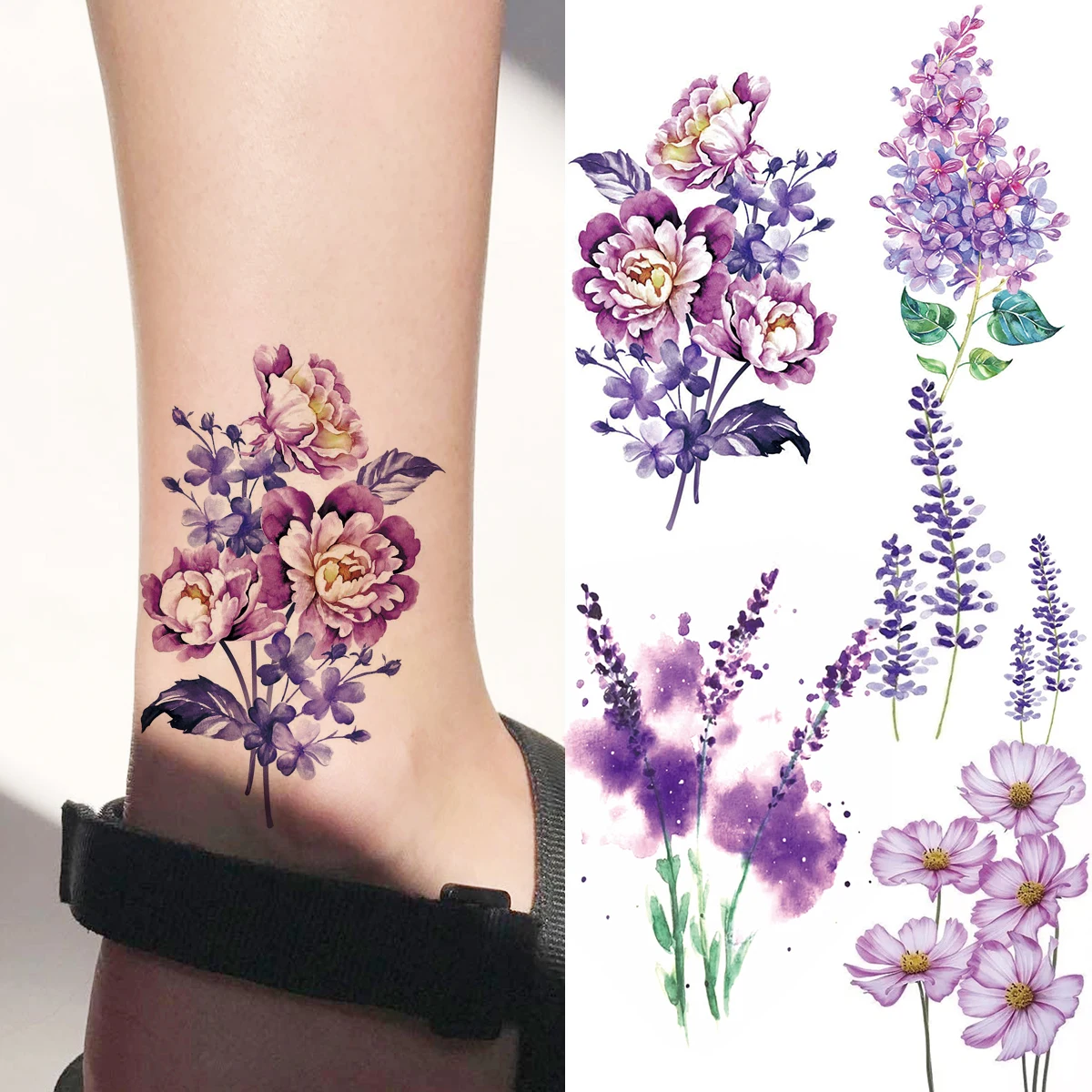 

Watercolor Peony Flower Feet Temporary Tattoos For Women Adult Lavender Realistic Fake Tattoo Waterproof Body Art Painting Tatoo