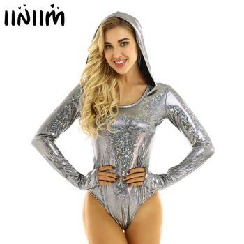 

iiniim Womens Femme Holographic Bodystocking Shiny Bodysuits Metallic Hooded Romper Bodycon for Rave Dance Costumes Clubwear