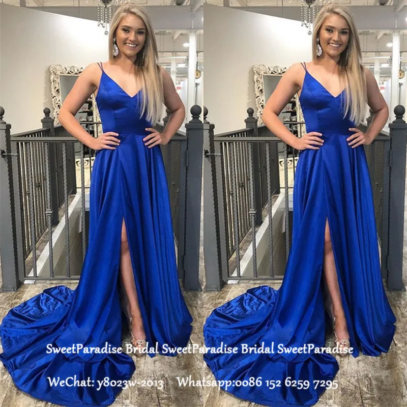 Royal Blue Long Chapel Train Evening Dress With Side Split Spaghetti Strap Robe De Soiree Prom Dresses For Women
Royal Blue Long Chapel Train Evening Dress With Side Split Spaghetti Strap Robe De Soiree Prom Dresses For Women