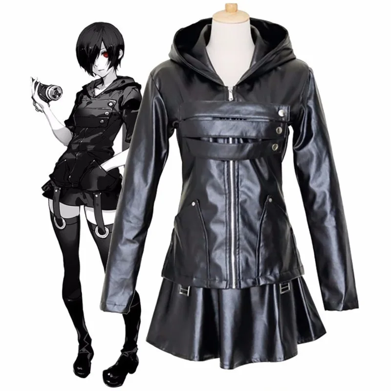 Anime-Tokyo-Ghoul-Touka-Kirishima-Cosplay-Costume-Full-Set-Uniform-PU-Leather-Black-Dress-Hoodie-Women
