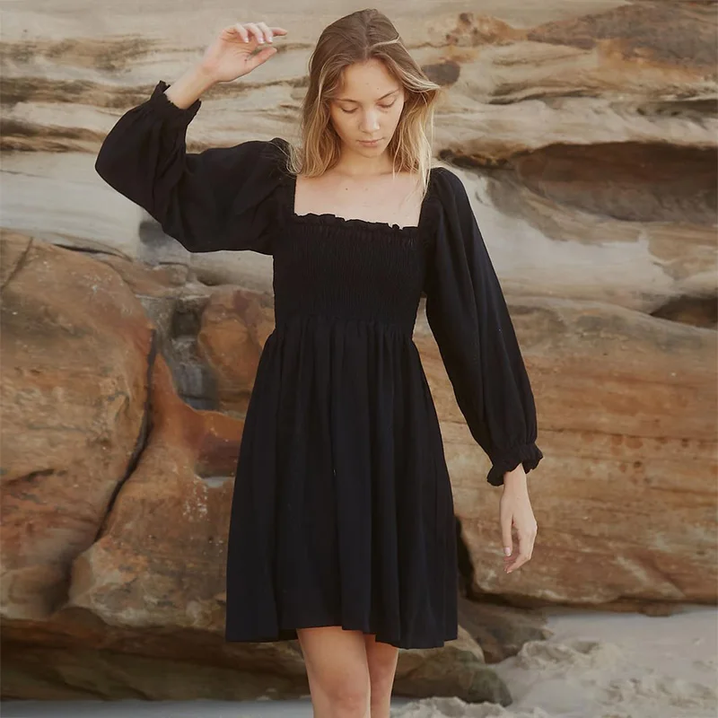 

Beach Casual Dresses For Women 2022 Elegant Frill Trim Square Neck Smocked Little Black Dress Long Puff Sleeve Cotton Mini Dress