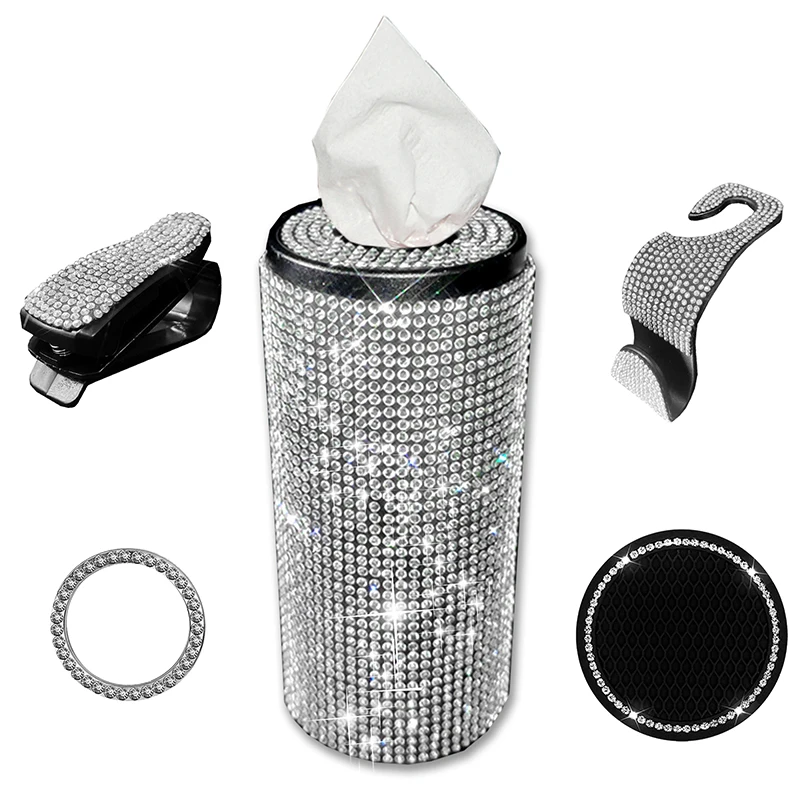 

Metal Cylinder Car Tissue Box,Bling Car Tissue Holder,5Pcs Tissue Box Cover set,Rhinestone Crystal Diamond Glitter Bling Box