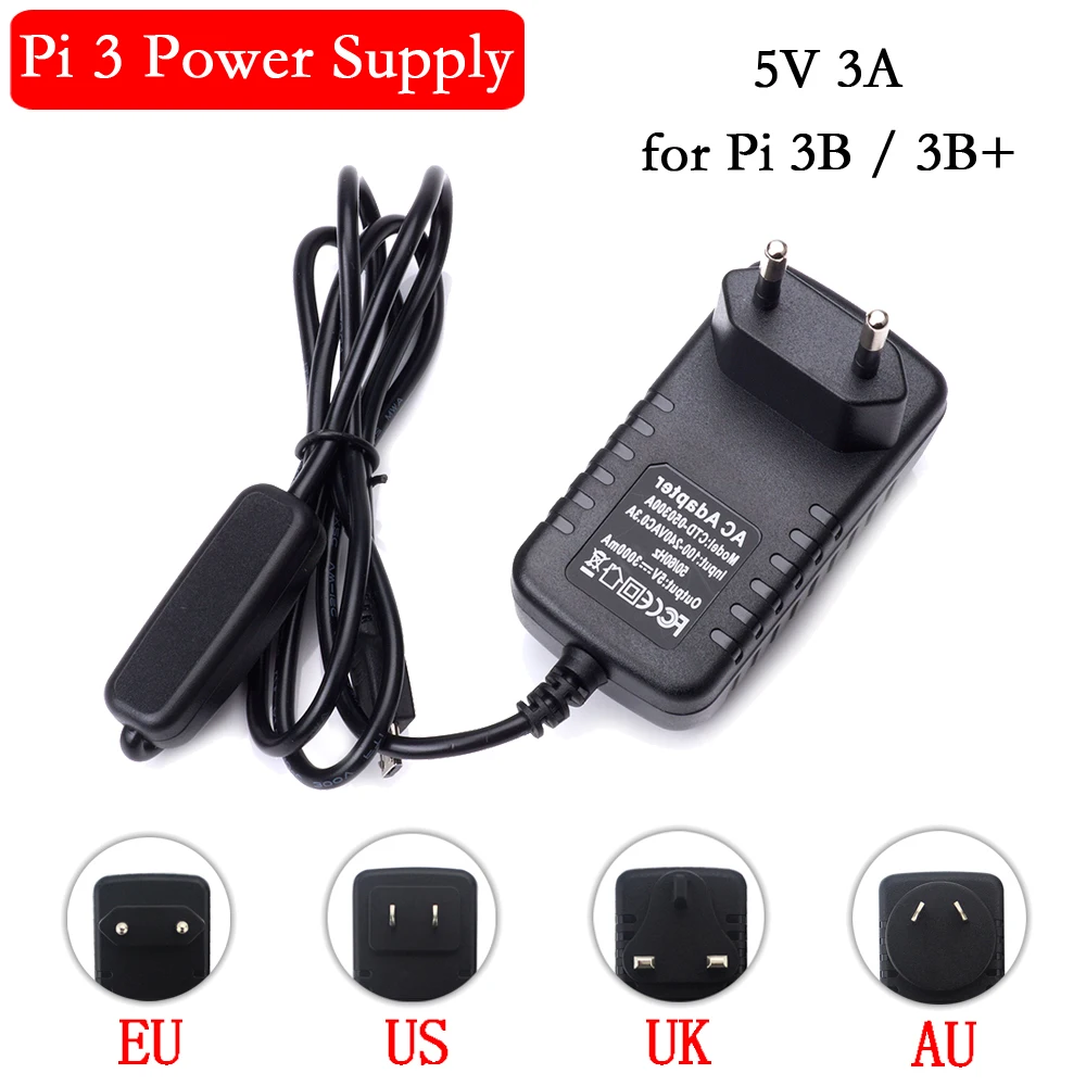 5V 3A Raspberry Pi 3 Power Supply Micro USB Power Adapter with ON/OFF Switch EU US AU UK Charger for Raspberry Pi 3 Model B 3 B+
5V 3A Raspberry Pi 3 Power Supply Micro USB Power Adapter with ON/OFF Switch EU US AU UK Charger for Raspberry Pi 3 Model B 3 B+