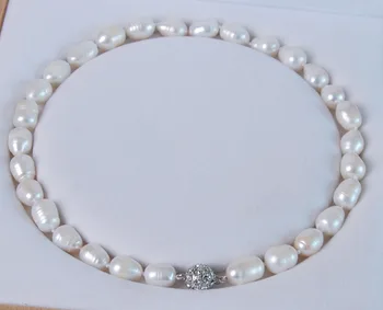 

11-13MM Genuine Natural white akoya cultured pearl necklace Magnet Clasp 18"