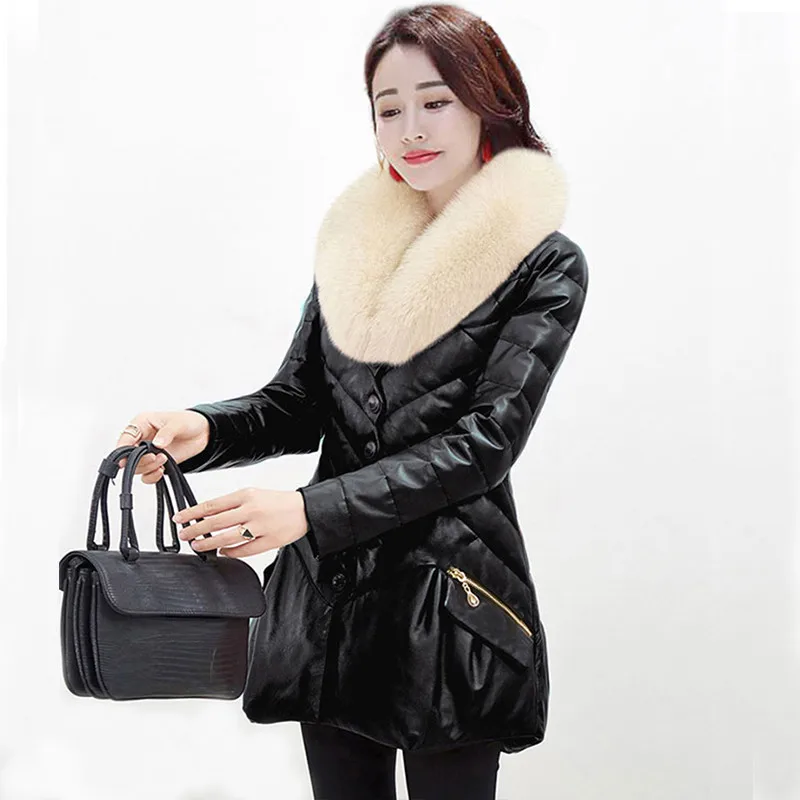Фото Новая зимняя женская кожаная куртка женское теплое длинное пальто | Кожаные куртки (1005001357371671)