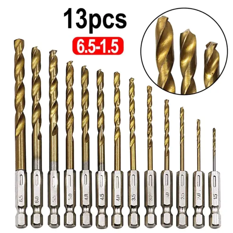 13PCS/SET 1.5-6.5MM HSS High Speed Steel Titanium Coated 1/4 Hex Shank Drilling Bit Set Tools
13PCS/SET 1.5-6.5MM HSS High Speed Steel Titanium Coated 1/4 Hex Shank Drilling Bit Set Tools