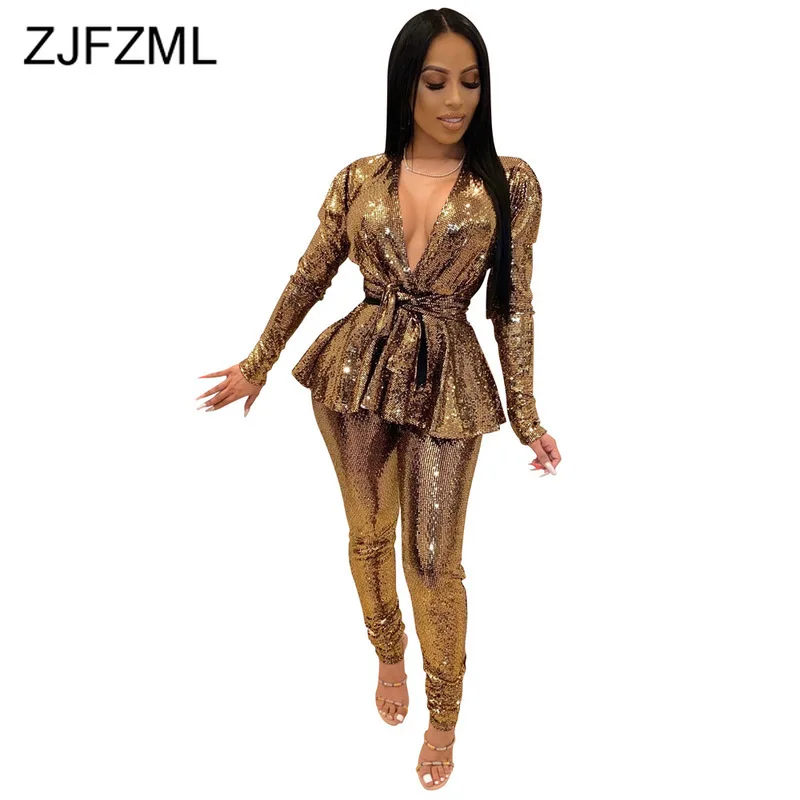Bling Bling Bronzing Bandage 2 Piece Female Tracksuit Deep V Neck Long Puff Sleeve Sashes Ruffles Tops+High Waist Slim Fit Pants
Bling Bling Bronzing Bandage 2 Piece Female Tracksuit Deep V Neck Long Puff Sleeve Sashes Ruffles Tops+High Waist Slim Fit Pants