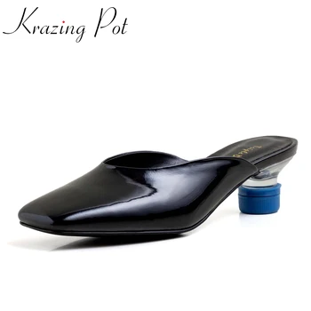 Krazing pot genuine leather square toe women mules high heels strange style gentlewomen slip on shallow cozy summer pumps L71 
Krazing pot genuine leather square toe women mules high heels strange style gentlewomen slip on shallow cozy summer pumps L71