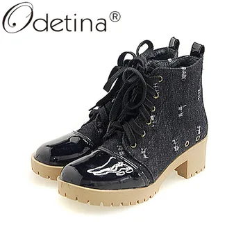 Odetina New Women Lace Up Elegant Block Chunky Mid Heel Comfort Ankle Boots Round Toe Platform Denim Booties Ladies Martin Boots 
Odetina New Women Lace Up Elegant Block Chunky Mid Heel Comfort Ankle Boots Round Toe Platform Denim Booties Ladies Martin Boots