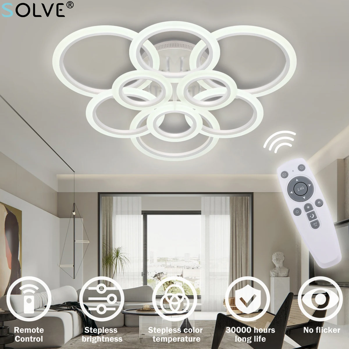 SOLVE Modern Chandelier 9 Rings 120W Remote Control Dimming Led Ceiling Light for Living Room Bedroom Kitchen Decorating Fixture
SOLVE Modern Chandelier 9 Rings 120W Remote Control Dimming Led Ceiling Light for Living Room Bedroom Kitchen Decorating Fixture