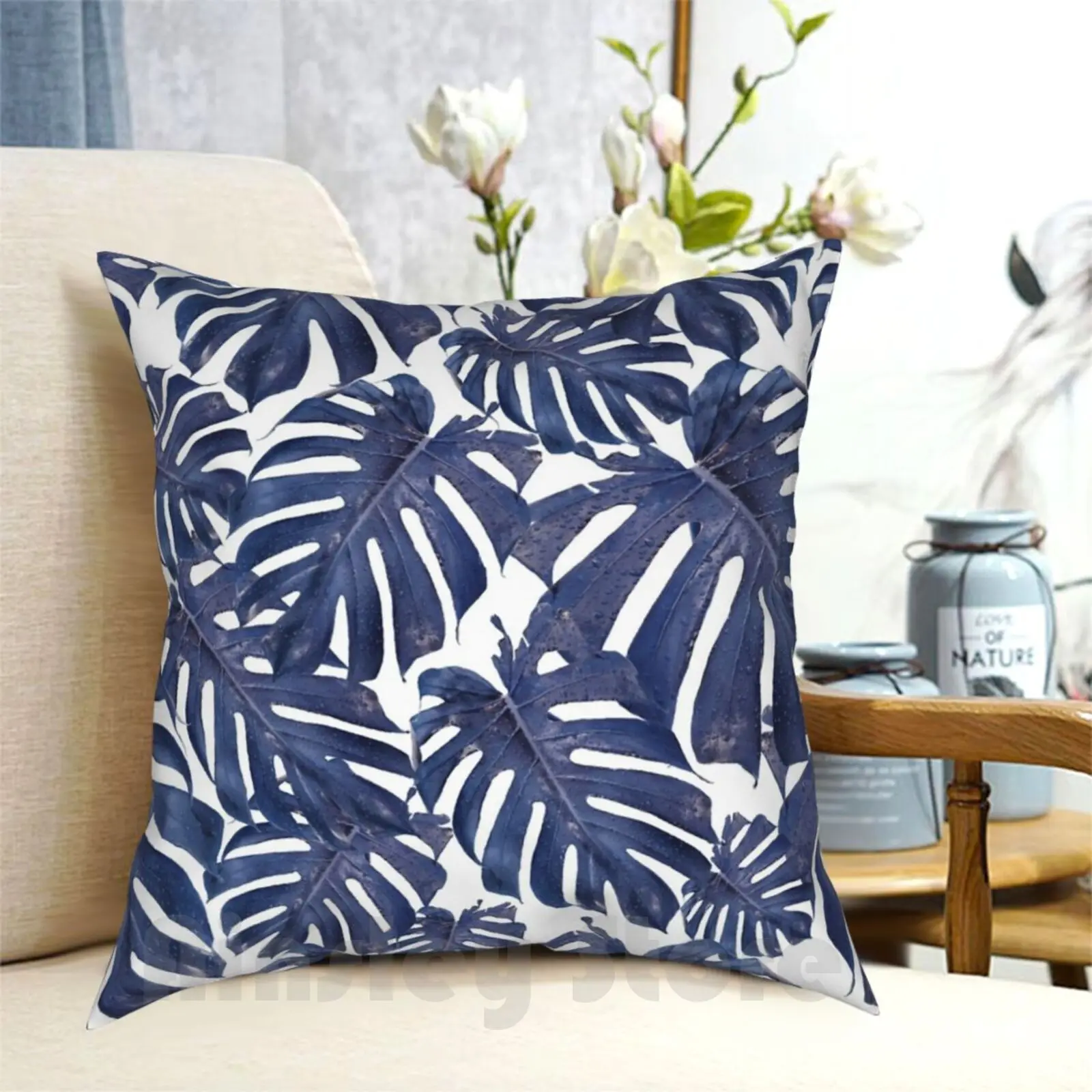 

Blue Palm Monstera Leaves Pattern Pillow Case Printed Home Soft DIY Pillow cover Tropical Leaves Beautiful Blue Monstera