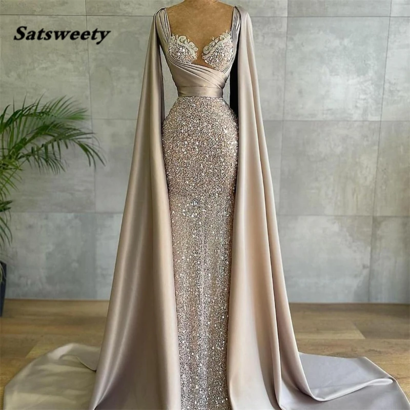 

Arabic Glitter Sequined Evening Dress with Cape Ruched Sweetheart Prom Party Formal Women Gowns