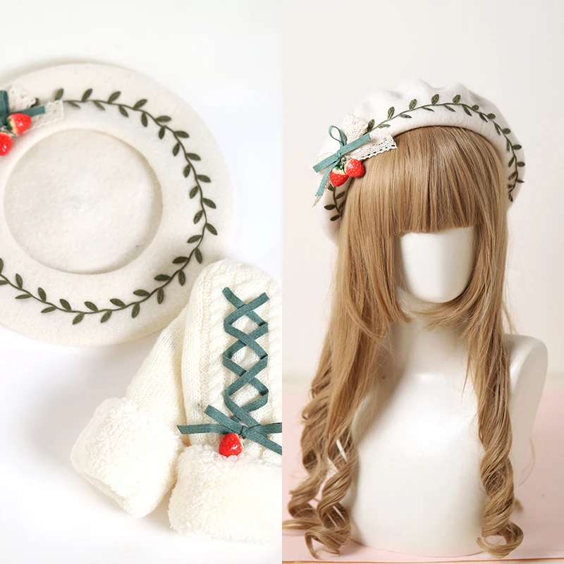Фото Lolita Autumn and Winter Beret Hat Sweet Lovely Strawberry Green Leaf Seriesc Head Accessories Gloves Ear-Cap H | Тематическая