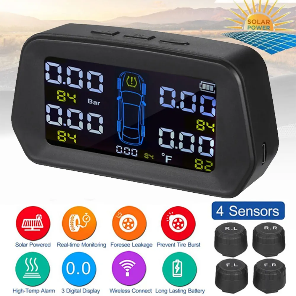 VEHEMO Automotive TPMS Solar Tire Temperature and Tire Pressure Monitoring System LCD Large Color Screen with 4pcs Sensors
VEHEMO Automotive TPMS Solar Tire Temperature and Tire Pressure Monitoring System LCD Large Color Screen with 4pcs Sensors