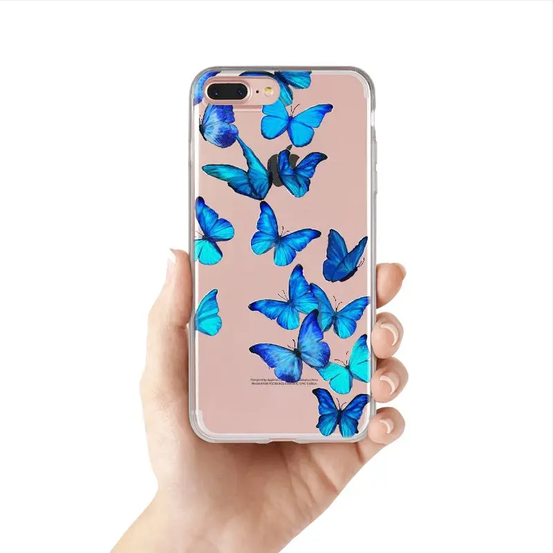 Красивый прозрачный чехол с голубым монарком и бабочкой для iPhone 11 12Pro Mini 6 7 8 Plus X MAX