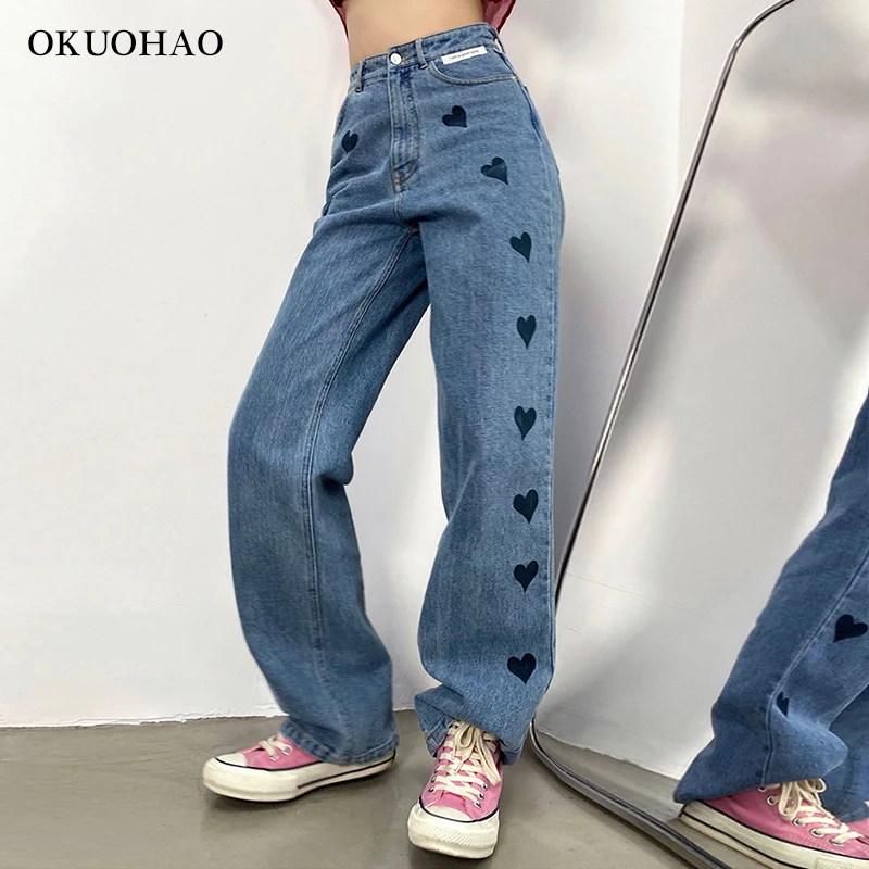 Women's High Waist Jeans Loose Slim Wide Leg Denim Pants 2020 Autumn Winter New Heart Shaped Print Casual Trousers Fashion
Women's High Waist Jeans Loose Slim Wide Leg Denim Pants 2020 Autumn Winter New Heart Shaped Print Casual Trousers Fashion