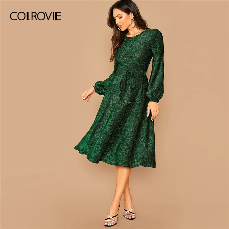 

COLROVIE Green Self Belted Balloon Sleeve Glitter Dress Women High Waist Solid Midi Dress 2019 Bishop Sleeve Glamorous Dresses