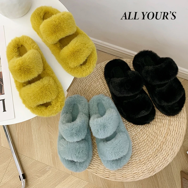 

2021 New Fluffy Home Slippers Women Open Toe Slip on Soft Slippers Faux Fur Slippers Cozy Furry Slides Floor Plush Warm Shoes