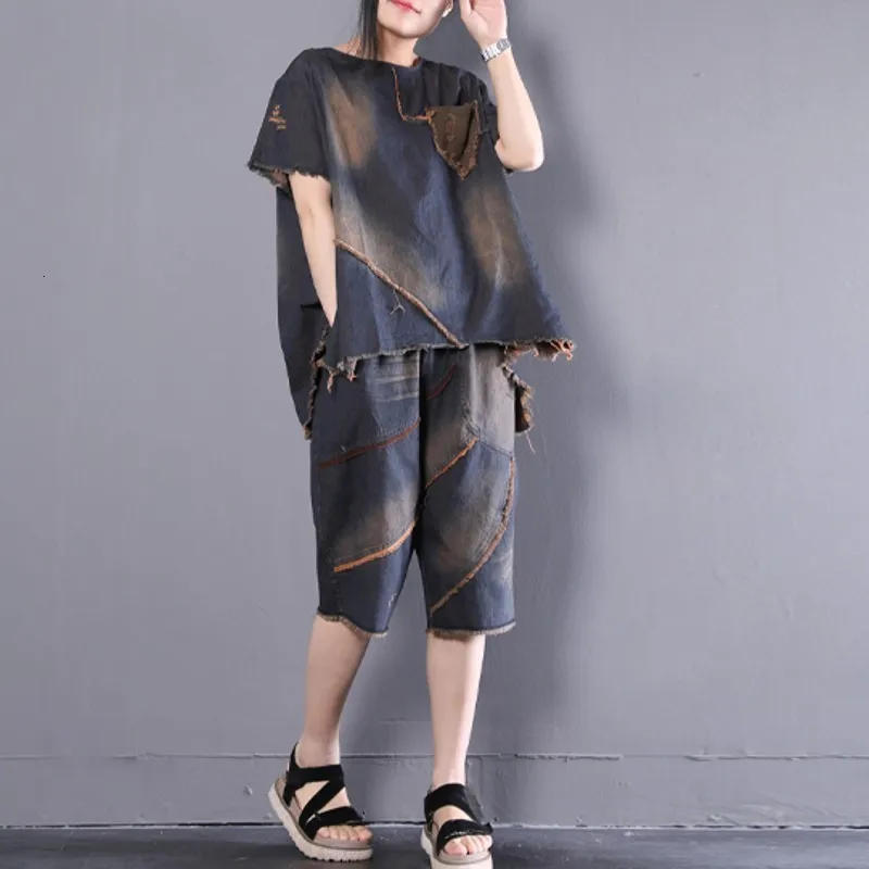 Summer Loose Womens Denim Two Piece Outfits Short Sleeve Asymmetrical O-Neck Pullover Top Tees Elastic Waist Knee Length Shorts
Summer Loose Womens Denim Two Piece Outfits Short Sleeve Asymmetrical O-Neck Pullover Top Tees Elastic Waist Knee Length Shorts