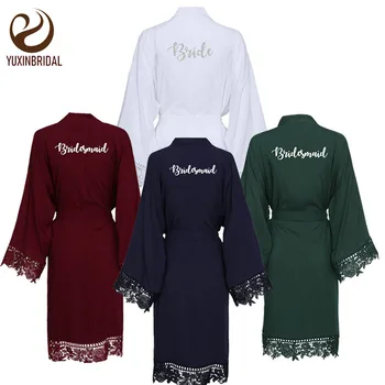 YUXINBRIDAL 2019 New Green Navy Burgundy Solid Cotton Kimono Robes with Lace Trim Women Wedding Bridal Bathrobe Sleepwear White