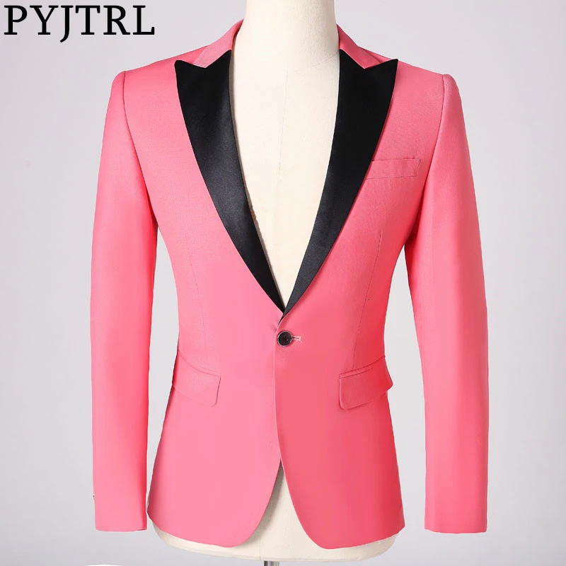 PYJTRL Mens Fashion Casual Peach Pink Blazer Wedding Groom Prom Dress Suit Jacket Singer Party Costume Slim Fit Coat Men Clothes | Мужская