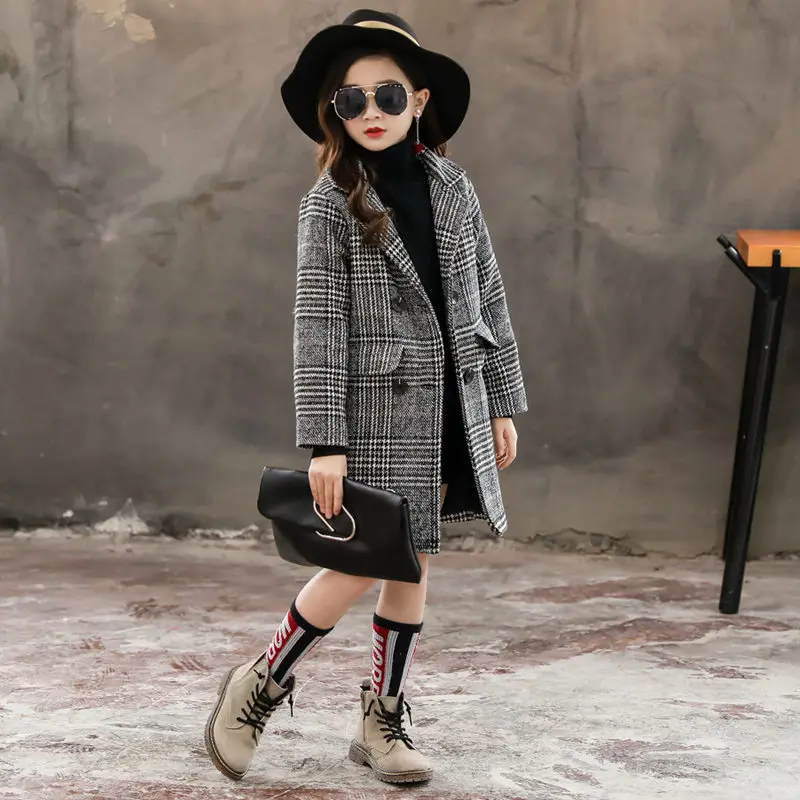 

2023 New Spring Autumn Fashion Plaid Woolen Coat Hooded Jacket Winter Warm Overcoat Teens Girls Houndstooth Wool Coat for Girls