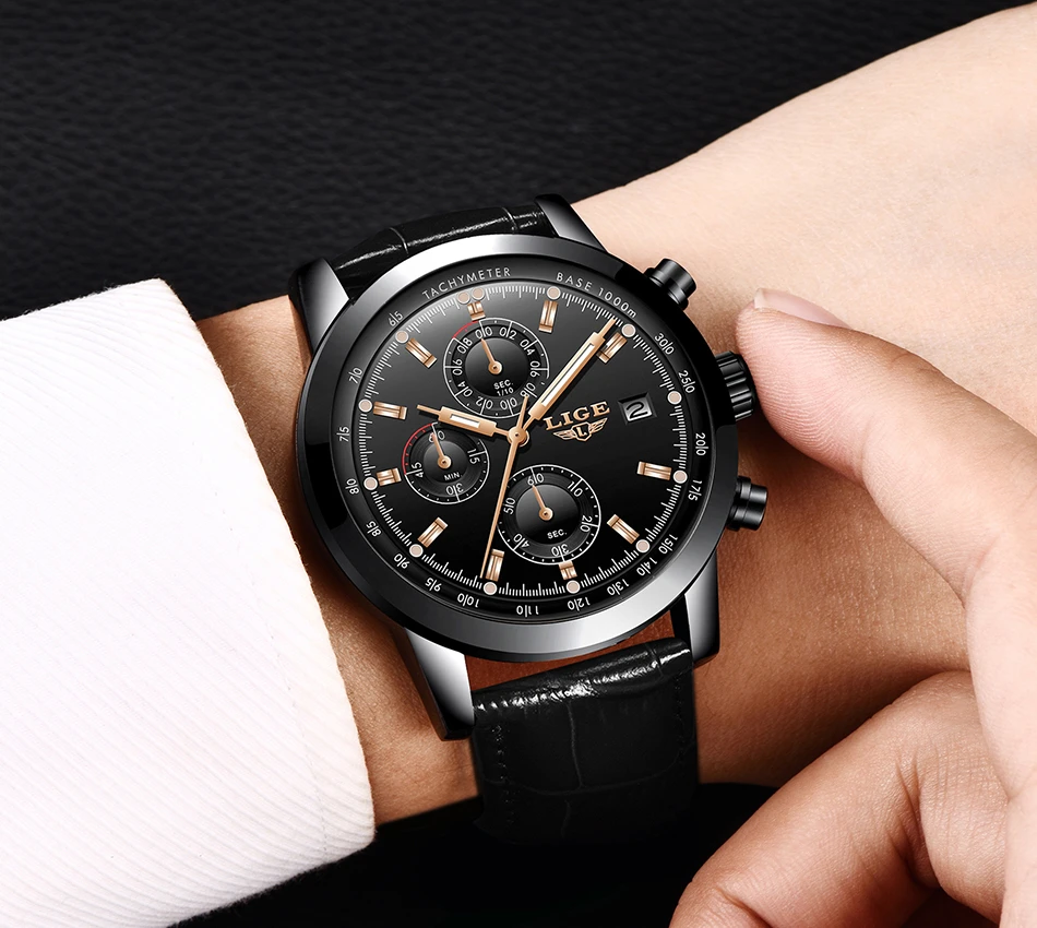 LIGE Casual Sport Watches for Men Black Top Brand Luxury Military Leather Wrist Watch Man Clock Fashion Chronograph Wristwatch