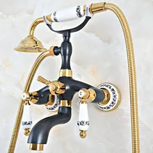 Black Gold Color Brass Wall Mount Bathroom Tub Faucet Dual Ceramic Levers Telephone Style Hand Shower Clawfoot Tub Filler ana440
Black Gold Color Brass Wall Mount Bathroom Tub Faucet Dual Ceramic Levers Telephone Style Hand Shower Clawfoot Tub Filler ana440
