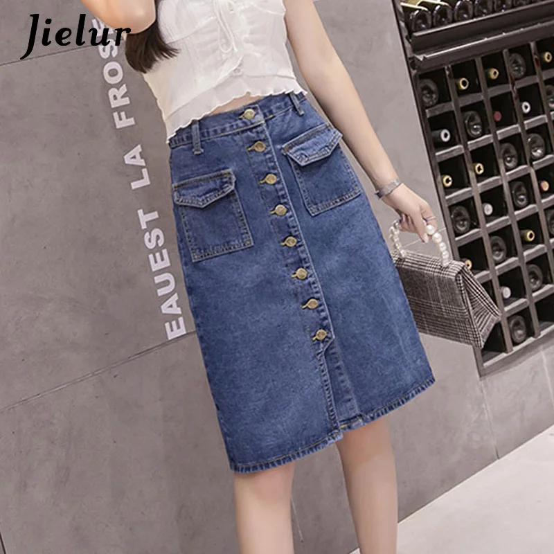 

Jielur Fashion Korean High Waist Denim Skirt Plus Size Buttons Pockets Classic Jeans Skirt for Women S-5XL Elegant Jupe Femme