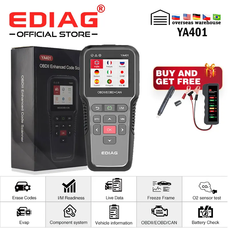 EOBD/OBDII code reader YA401 EDIAG Scanner Tool Support Free update Car Diagnosis auto obd2 battery tester 12v PK KW850 CR3001
EOBD/OBDII code reader YA401 EDIAG Scanner Tool Support Free update Car Diagnosis auto obd2 battery tester 12v PK KW850 CR3001