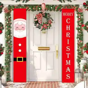 

Christmas Porch Sign, Santa Clause and Snowman Merry Christmas Hanging Banners for Holiday Home Porch Wall Christmas Decoration