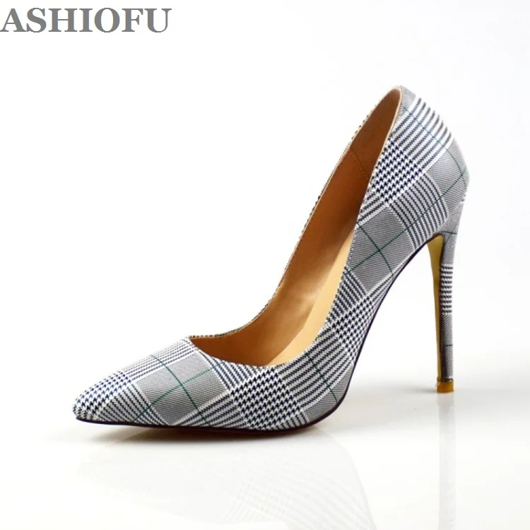 

ASHIOFU Real Picture Handmade Ladies High Heel Pumps Stylish&Elegant Office Career Checked Lines Shoes Party Fashion Court Shoes