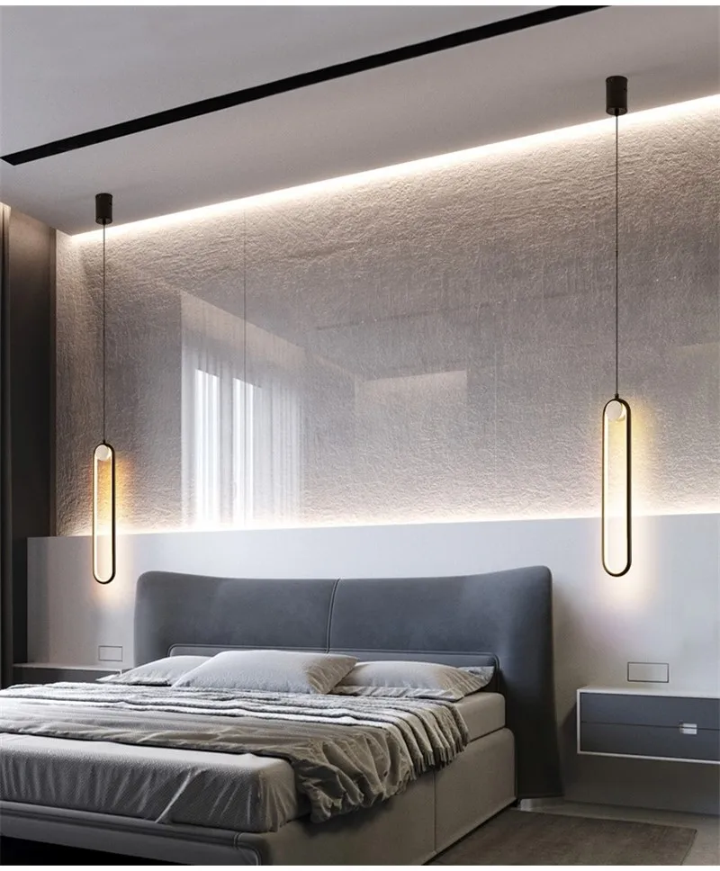 bedroom with hanging lights