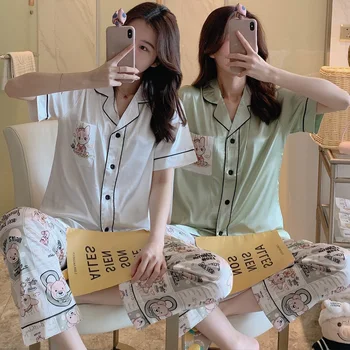 2020 Summer Short Sleeve Long Pants Silk Satin Pajamas Sets for Women Cute Cartoon Print Sleepwear Homewear Pijama Mujer Clothes 
2020 Summer Short Sleeve Long Pants Silk Satin Pajamas Sets for Women Cute Cartoon Print Sleepwear Homewear Pijama Mujer Clothes