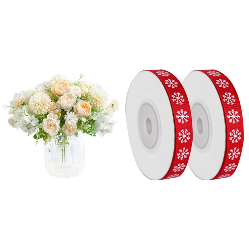 2X Artificial Flowers Fake Peony Silk Hydrangea Bouquet Decor (Champagne And White) & 2 Rolls Snowflake Thread Ribbon | Дом и сад