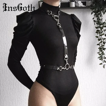 

InsGoth Black Long Sleeve Bodycon Bodysuits Women Streetwear Fashion Turtleneck Female Bodys Vintage Body