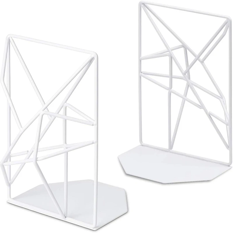 

1 Pair/2 Pieces White Bookends Decorative Metal Book Ends Supports for Shelves Unique Geometric Design