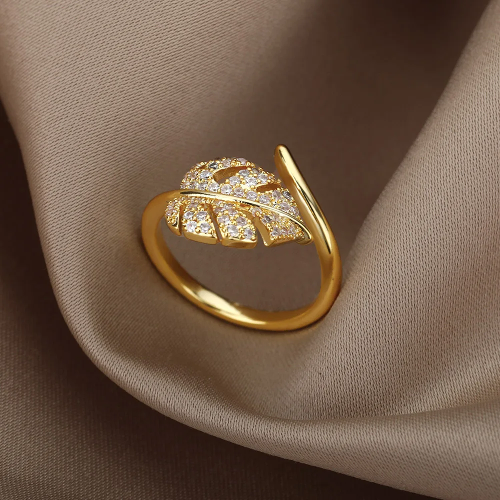 Фото Женское регулируемое кольцо в форме пальмового листа вечерние нержавеющей стали